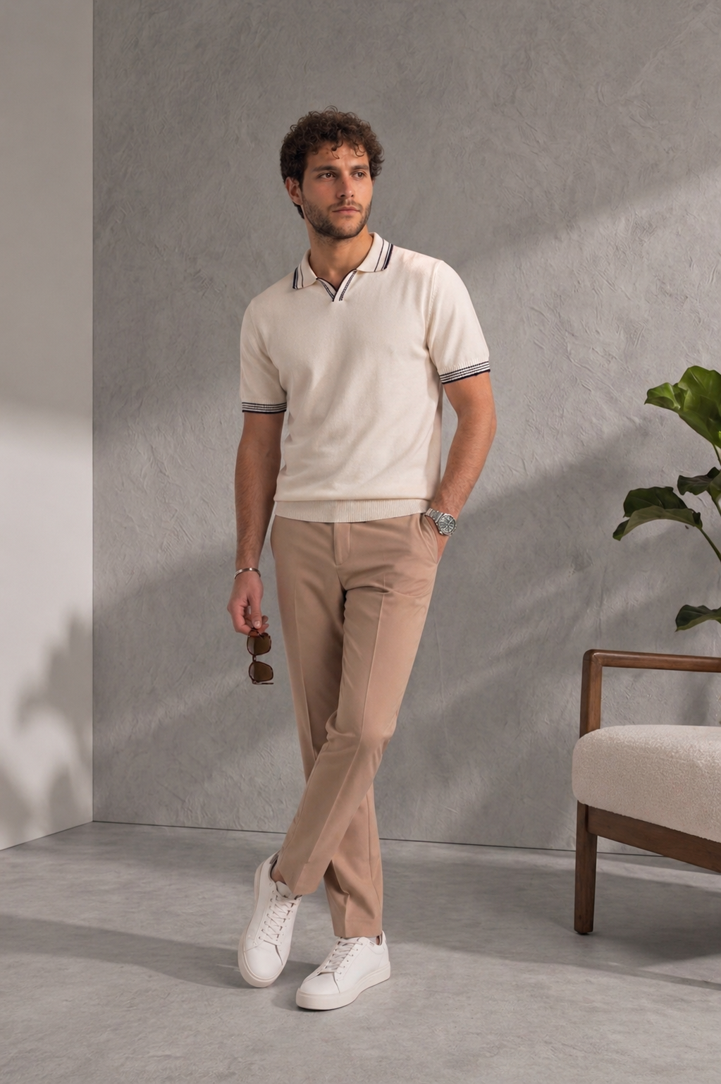 Tipped Open Collar Knit Polo - Off-White