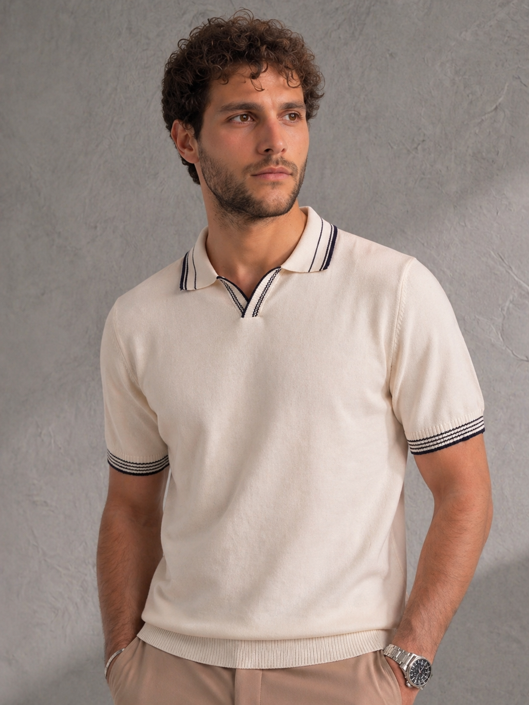 Tipped Open Collar Knit Polo - Off-White