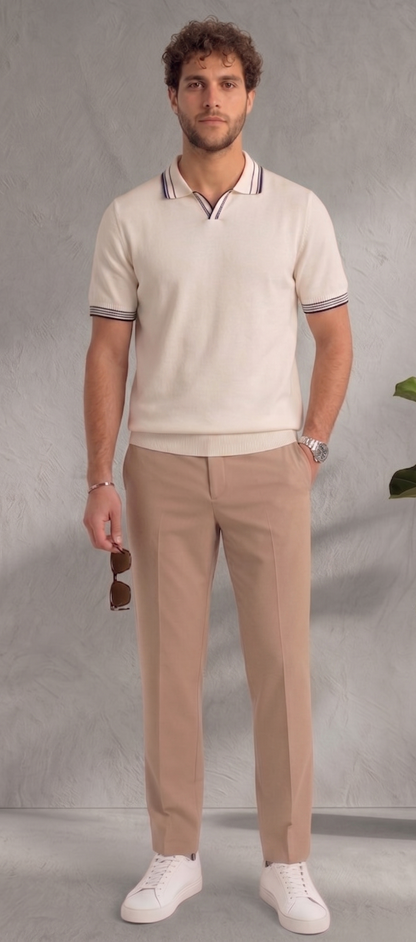 Tipped Open Collar Knit Polo - Off-White
