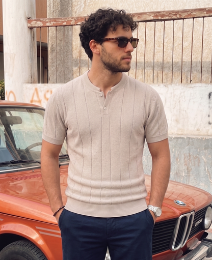 Vertical Rib Henley Knit - Beige