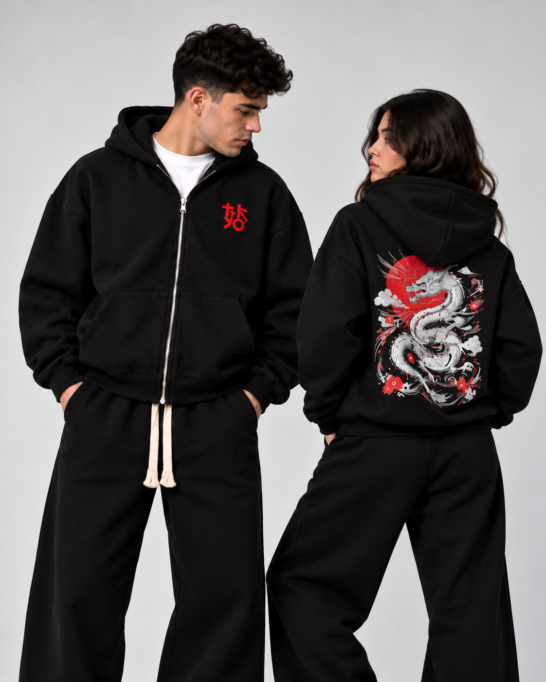Dragon Embroidered Boxy Zip-Up Hoodie – Black