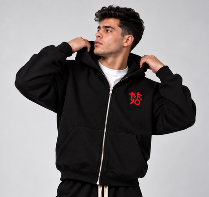 Dragon Embroidered Boxy Zip-Up Hoodie – Black