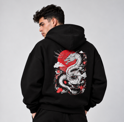 Dragon Embroidered Boxy Zip-Up Hoodie – Black
