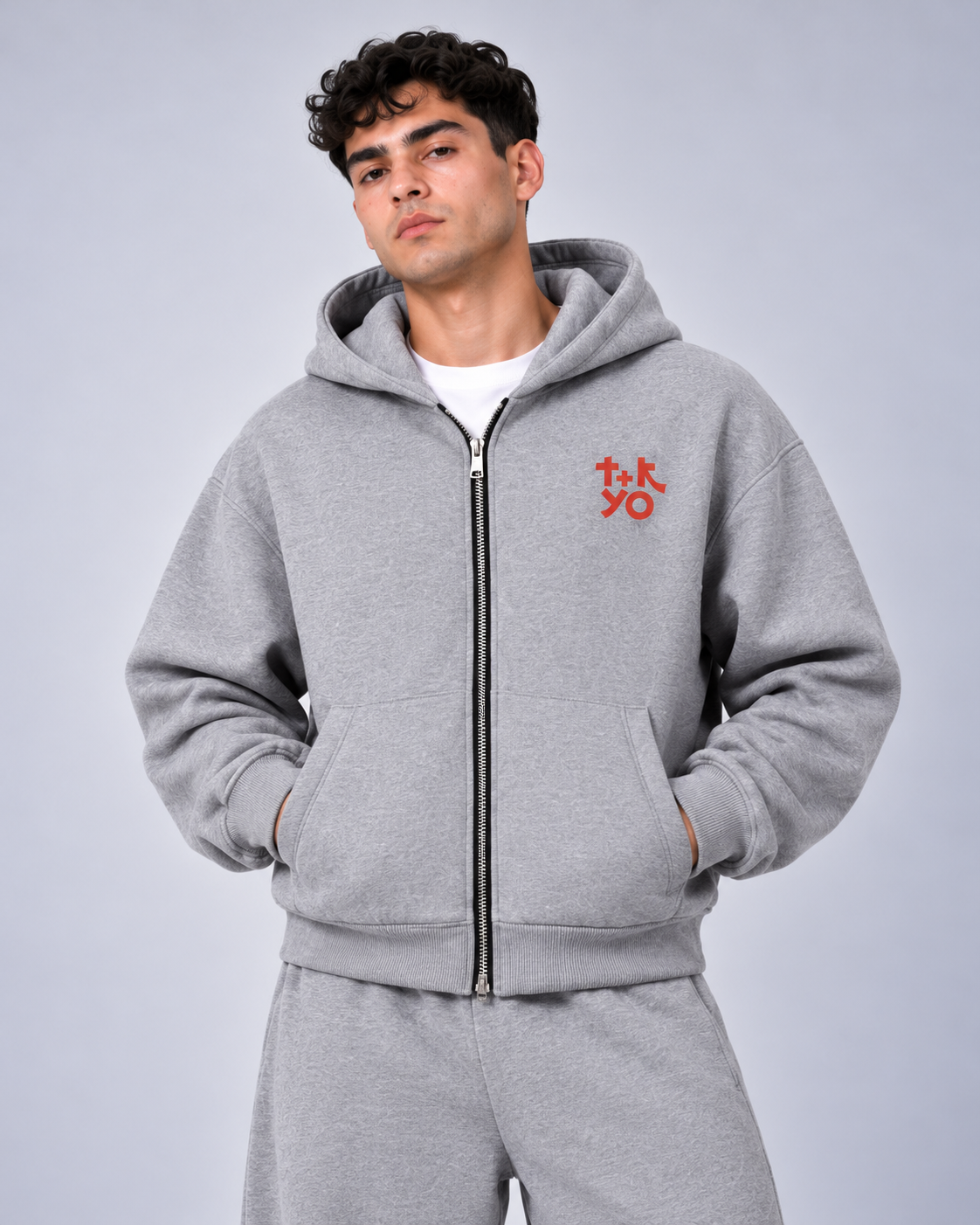 Dragon Embroidered Boxy Zip-Up Hoodie – Grey