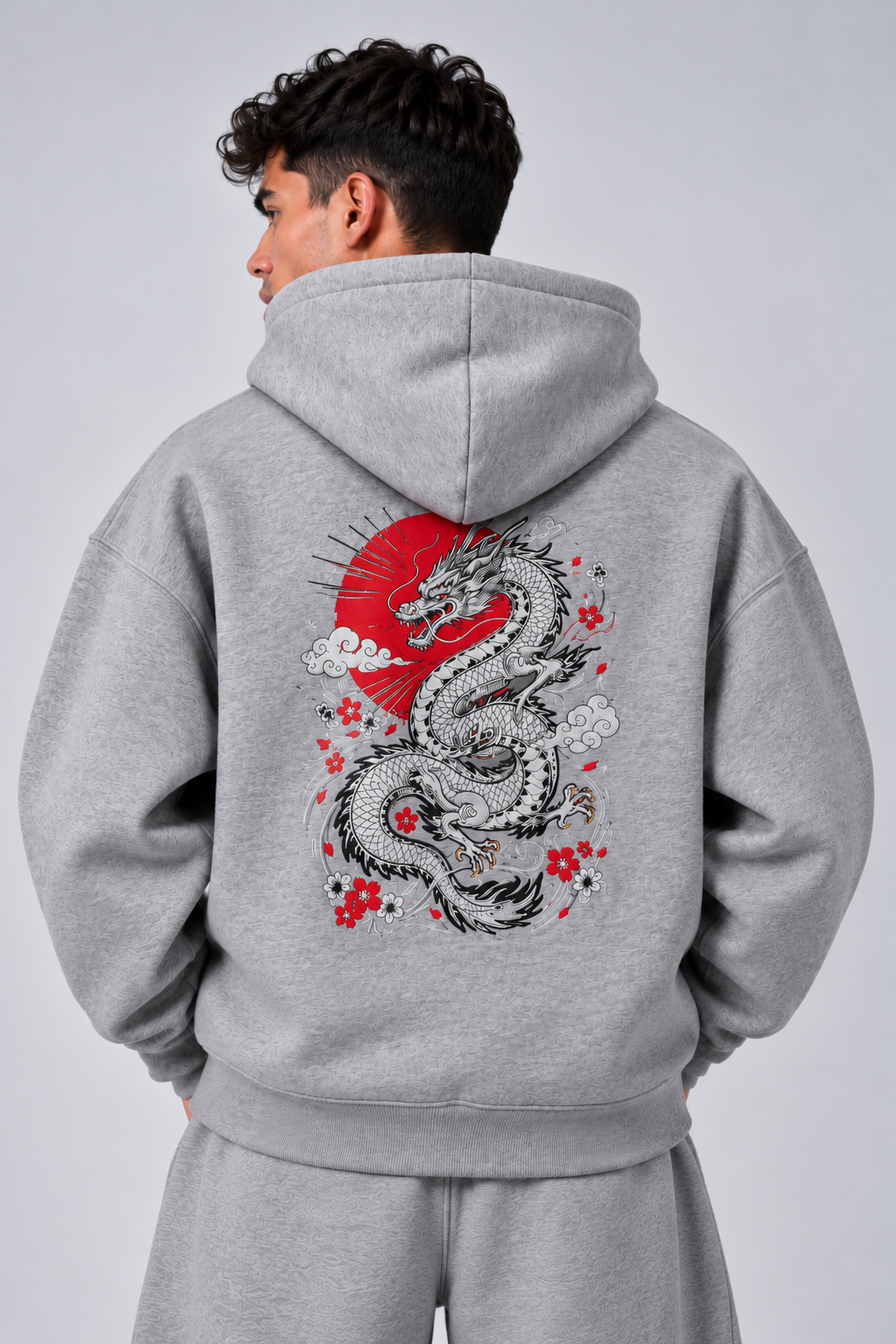 Dragon Embroidered Boxy Zip-Up Hoodie – Grey