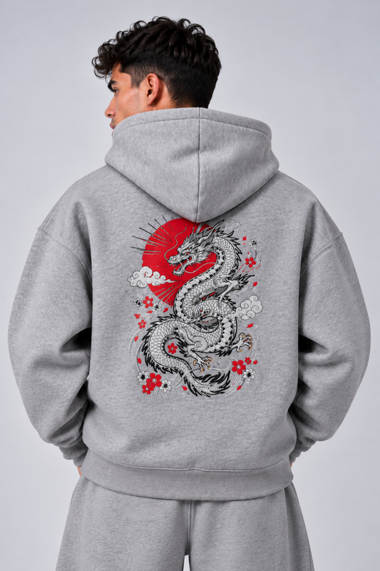 Dragon Embroidered Boxy Zip-Up Hoodie – Grey