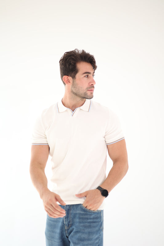 Off-White Knit Polo with Contrast Trim