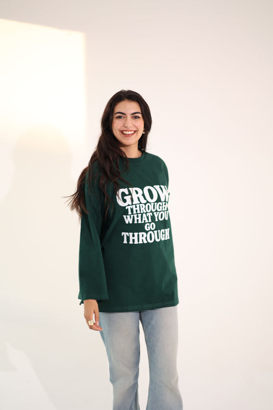 Printed dark green long sleeves oversized T-shirt
