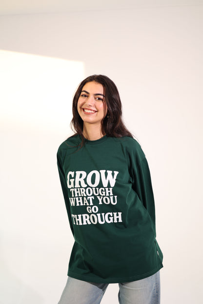 Printed dark green long sleeves oversized T-shirt