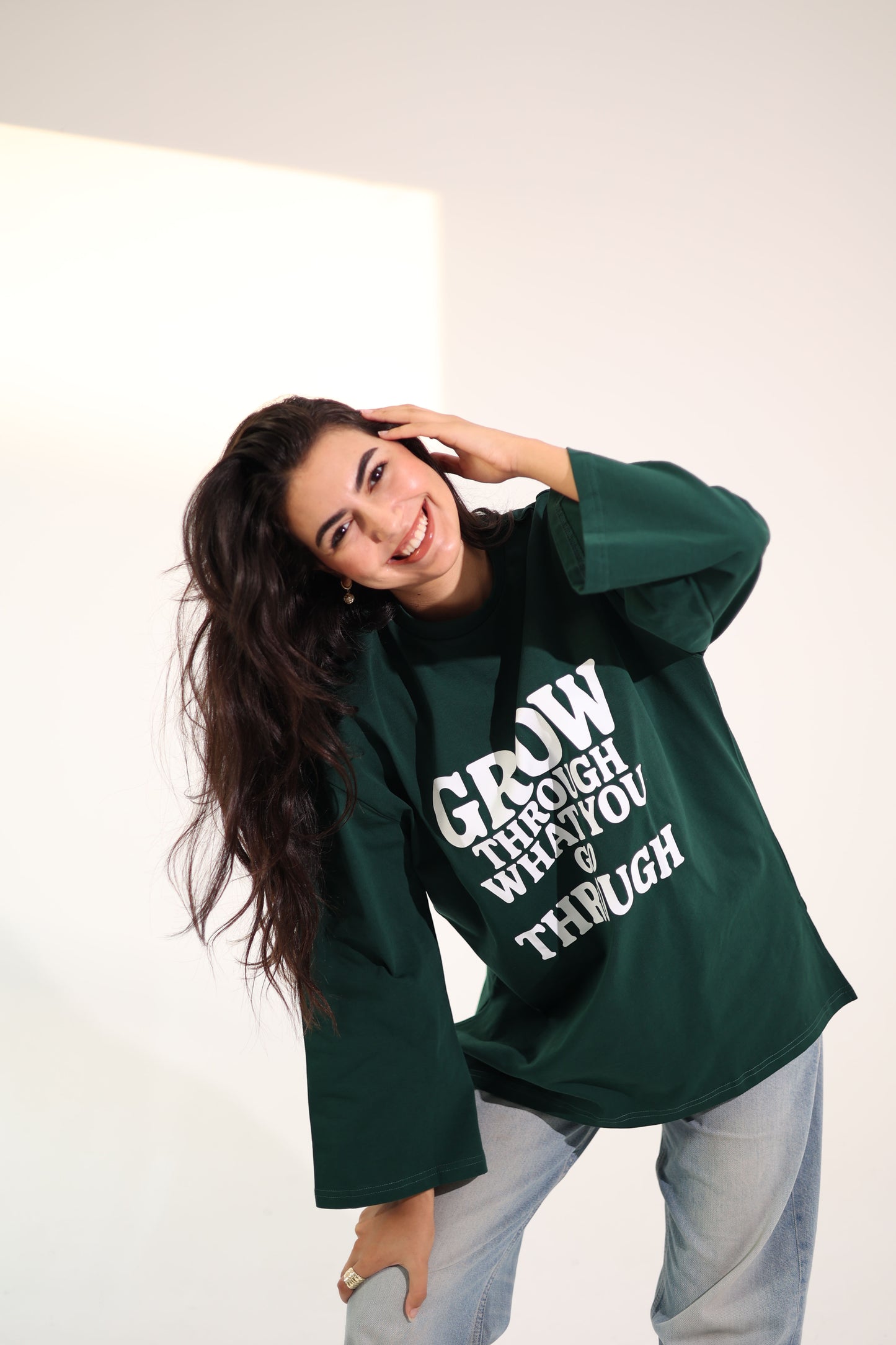 Printed dark green long sleeves oversized T-shirt