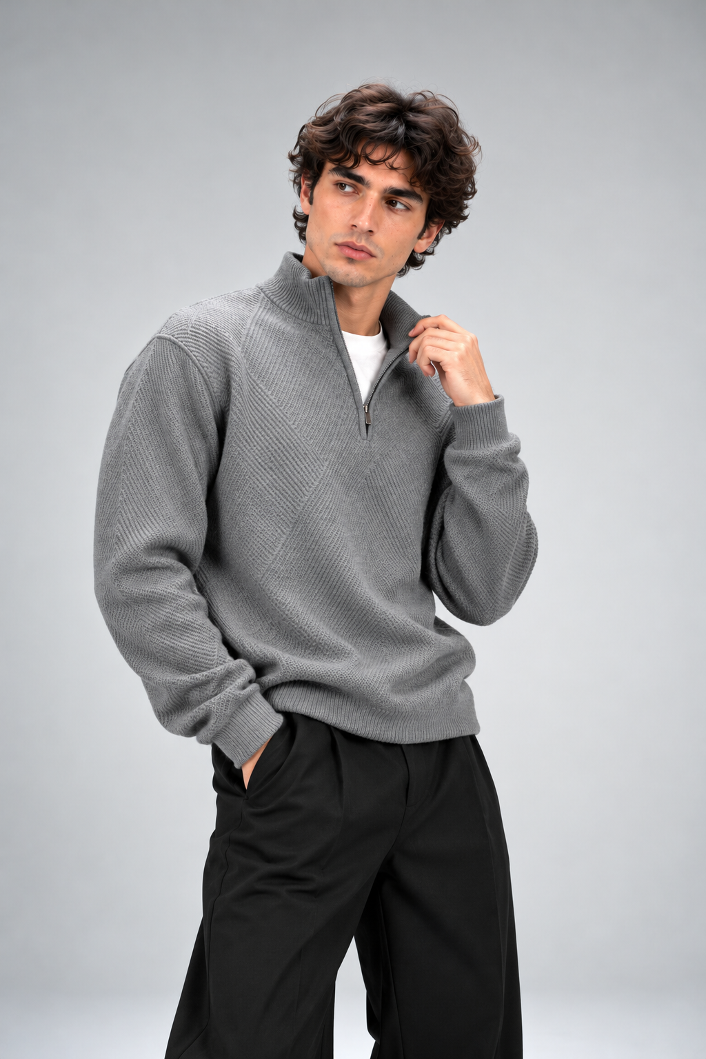 Stone Zip Knit Sweater – Textured Pattern