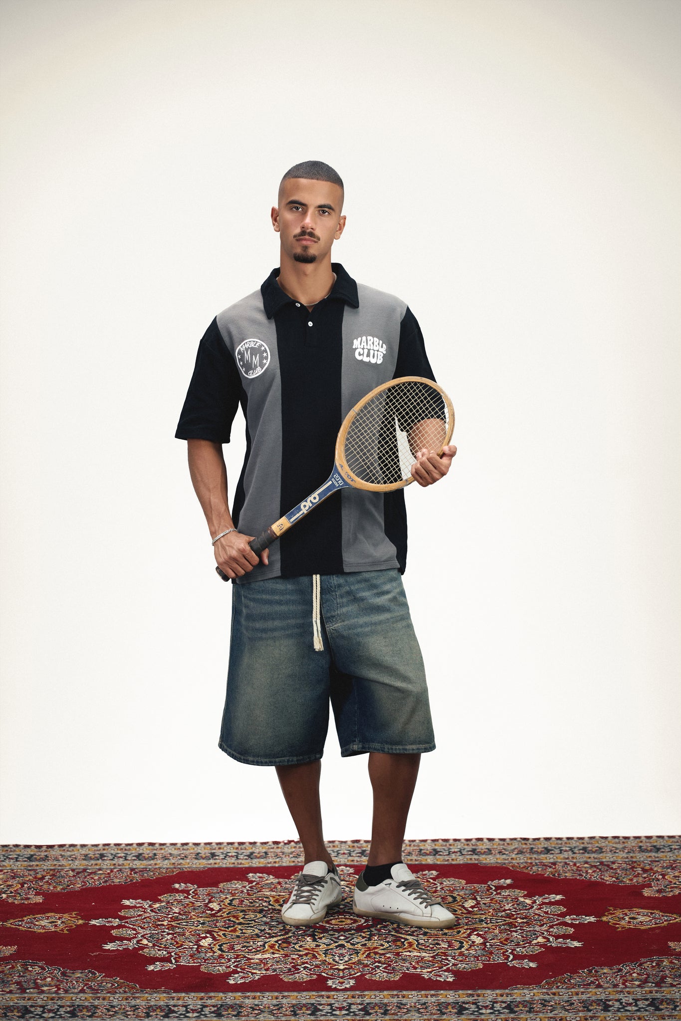 Black & Grey “Marble Club” Oversized Polo T-Shirt