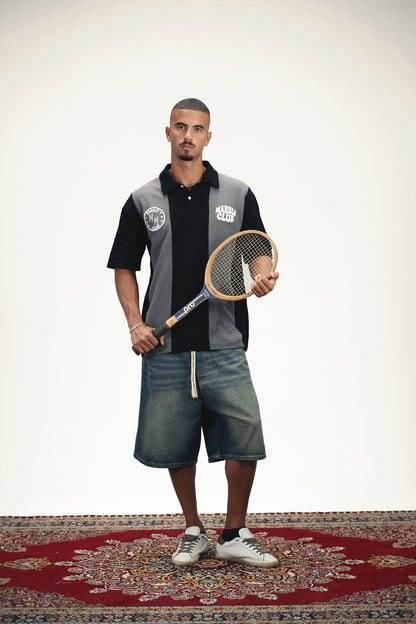 Black & Grey “Marble Club” Oversized Polo T-Shirt