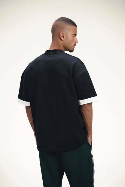 Marble Varsity V-Neck Oversized T-Shirt - Black