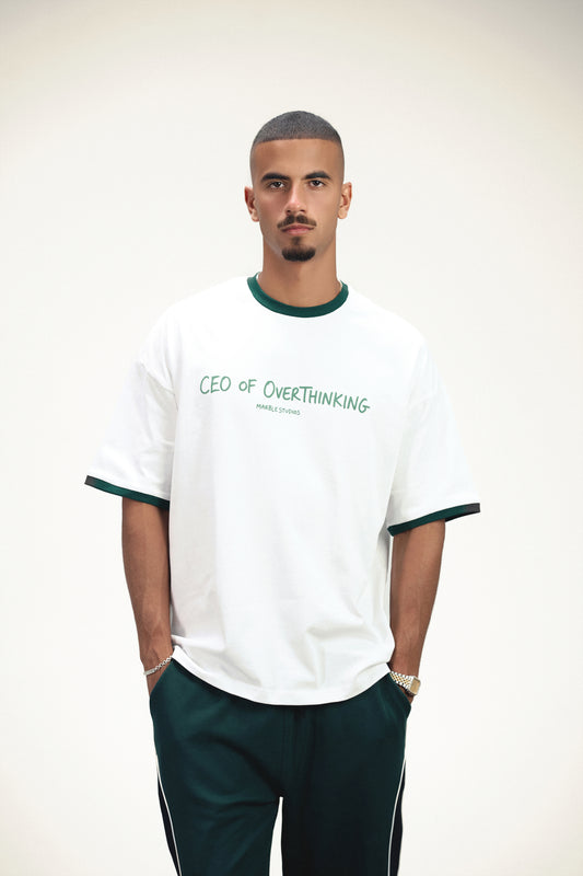 White & Dark Green “CEO OF OVERTHINKING” Ringer Oversized T-Shirt