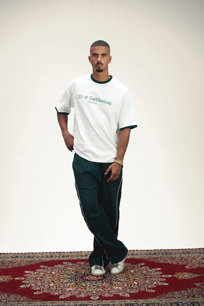 White & Dark Green “CEO OF OVERTHINKING” Ringer Oversized T-Shirt