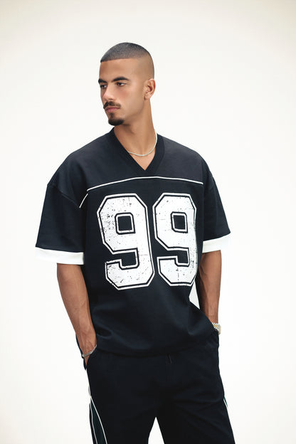 Marble Varsity V-Neck Oversized T-Shirt - Black