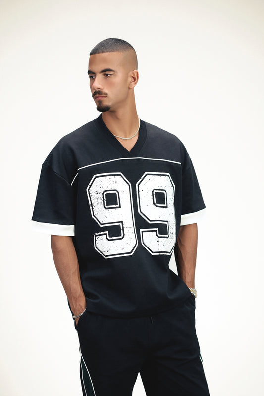 Marble Varsity V-Neck Oversized T-Shirt - Black
