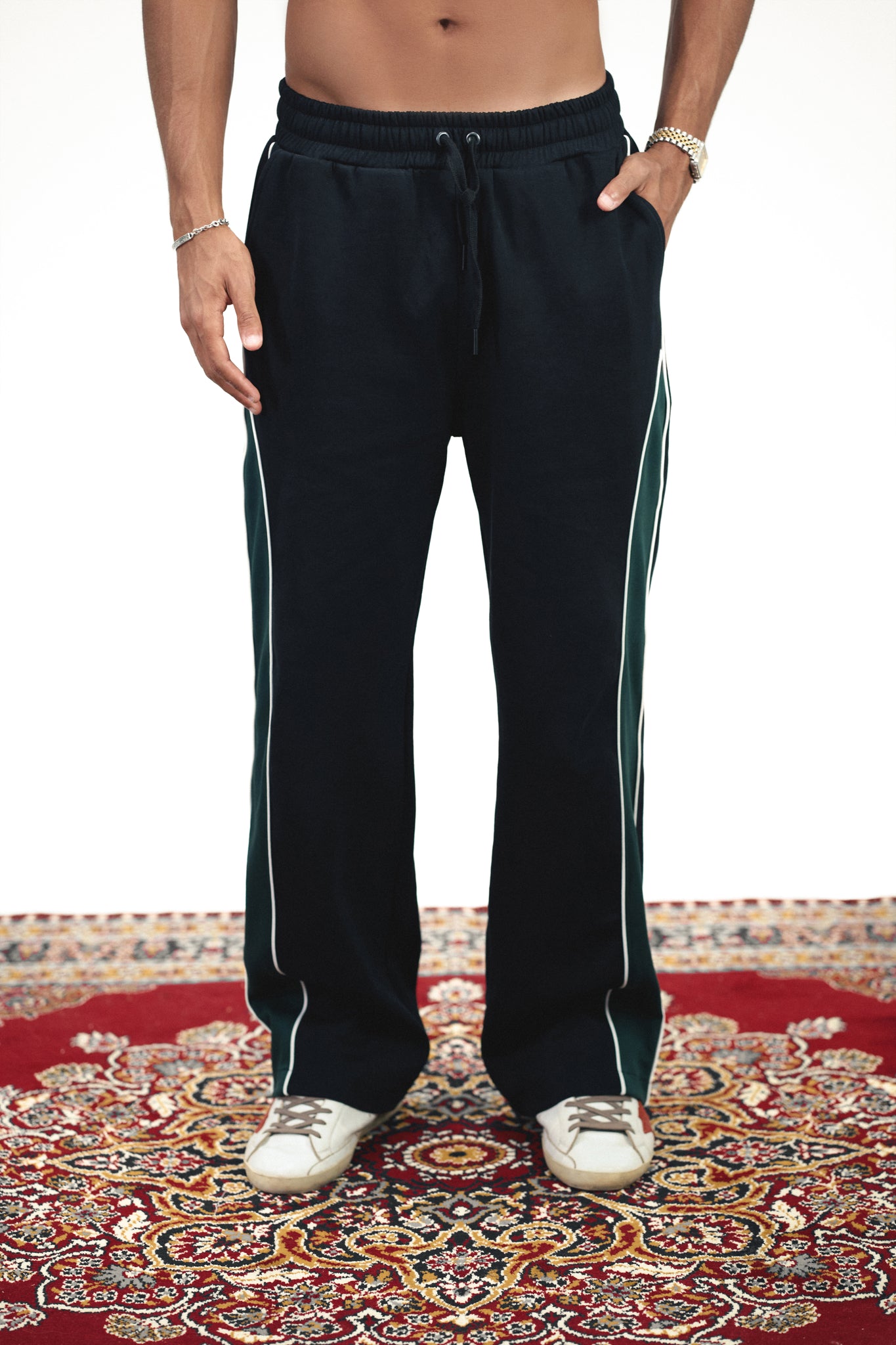Marble Wide Leg Track Pants - Black/Forest Green {pre-order}