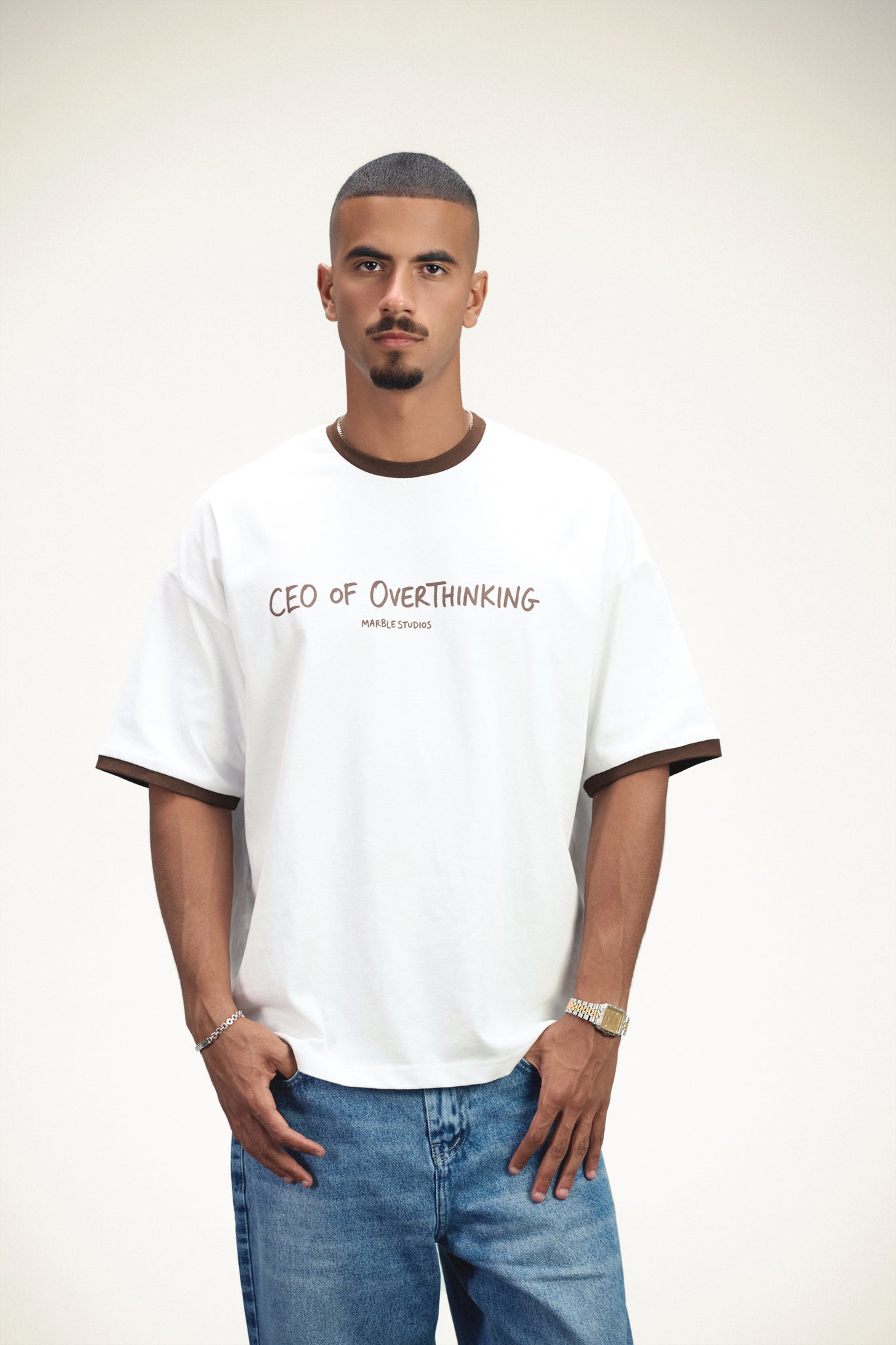 White & Brown “CEO OF OVERTHINKING” Ringer Oversized T-Shirt
