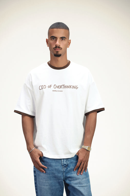 White & Brown “CEO OF OVERTHINKING” Ringer Oversized T-Shirt