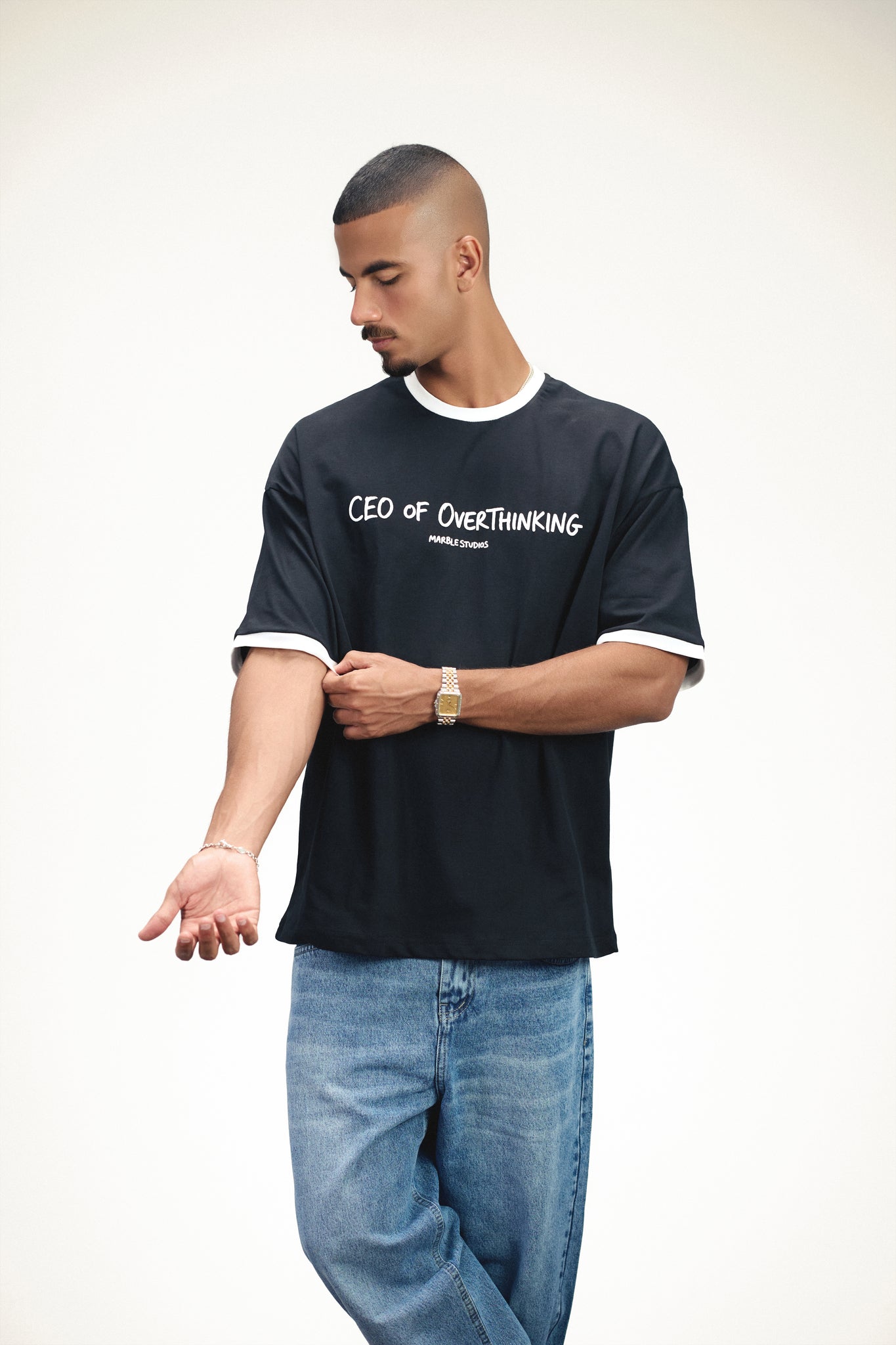 Black & White “CEO OF OVERTHINKING” Ringer Oversized T-Shirt