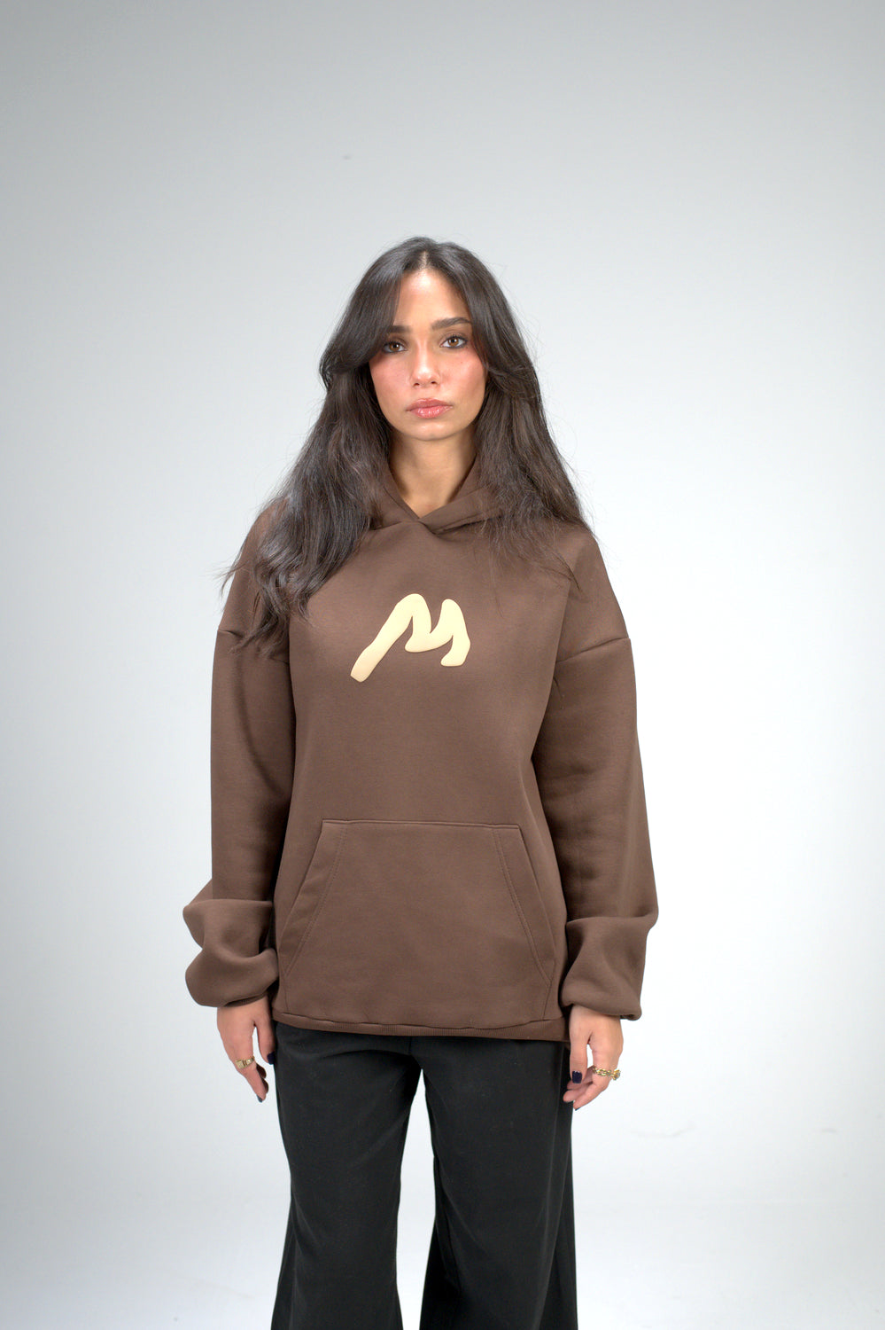 Brown “M” Puff Printed Oversized Hoodie