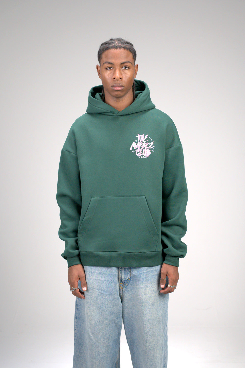 Dark Green “The Marble Club” Printed Oversized Hoodie