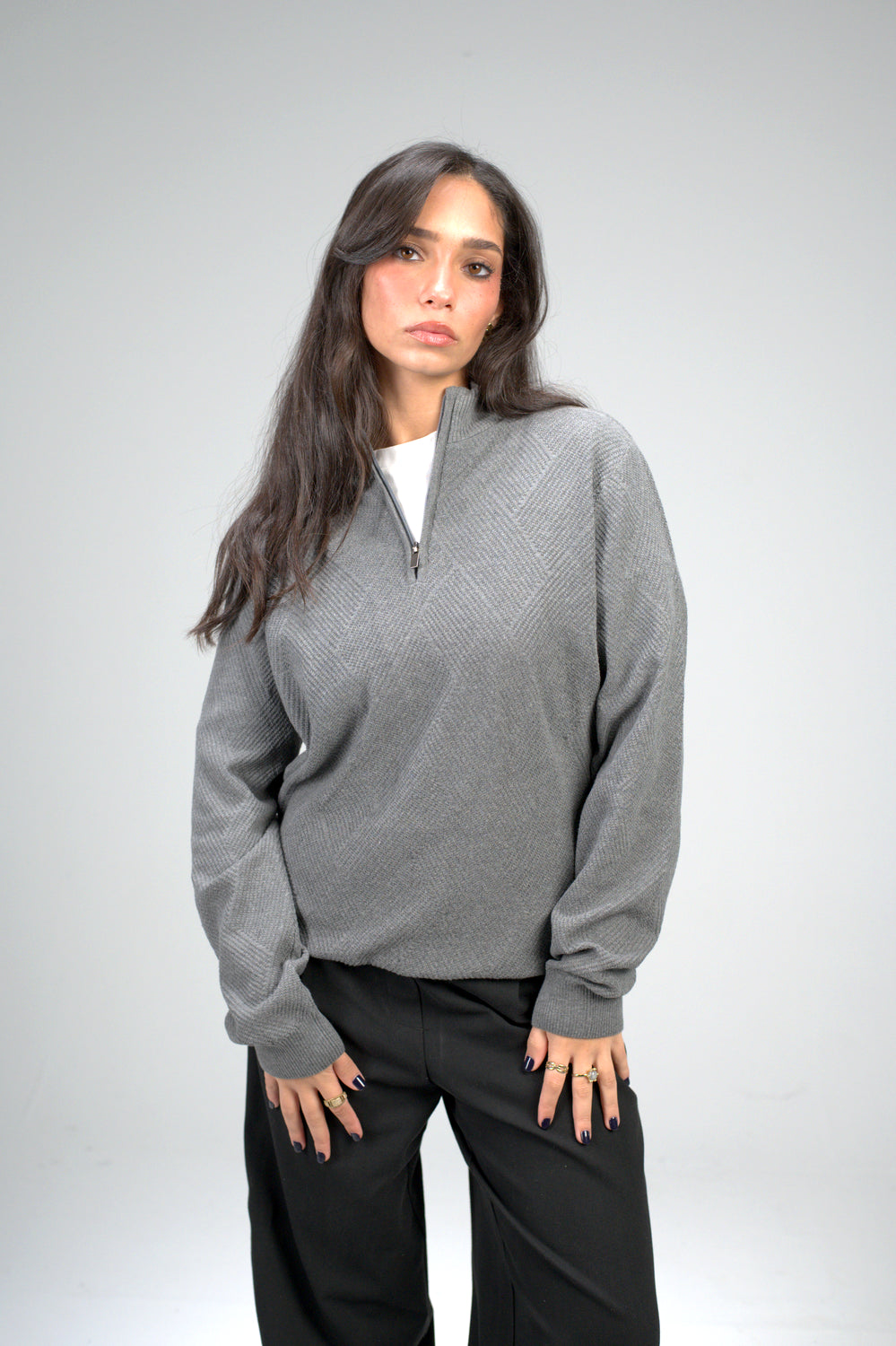 Stone Zip Knit Sweater – Textured Pattern