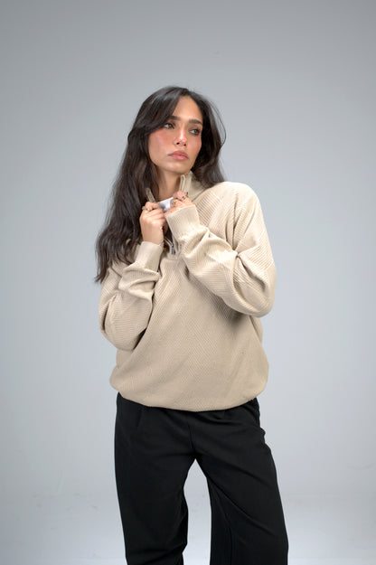 Beige Zip Knit Sweater – Textured Pattern