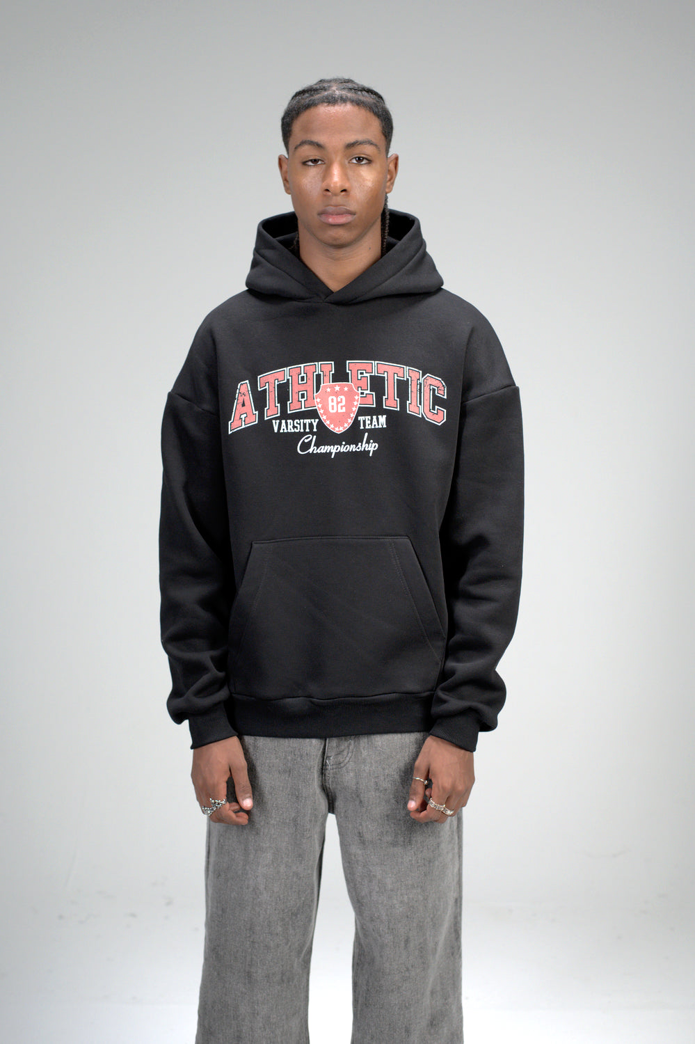 Black “ATHLETIC Varsity” Printed Oversized Hoodie