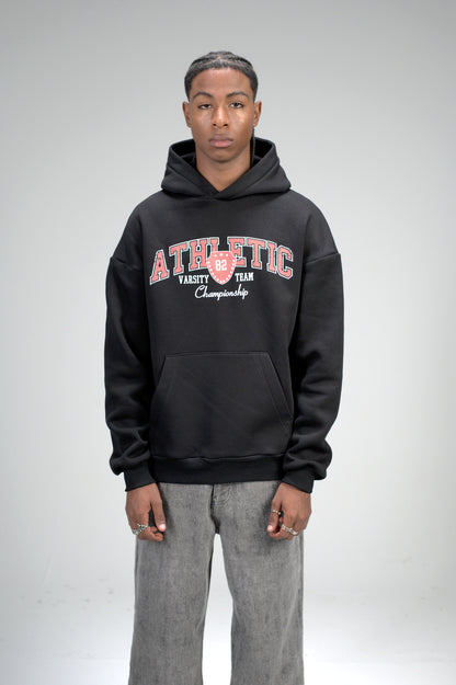 Black “ATHLETIC Varsity” Printed Oversized Hoodie