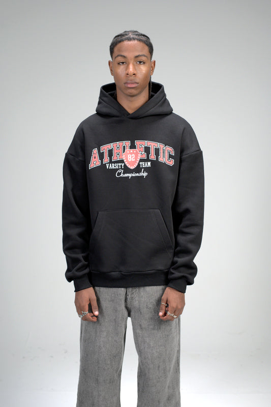 Black “ATHLETIC Varsity” Printed Oversized Hoodie