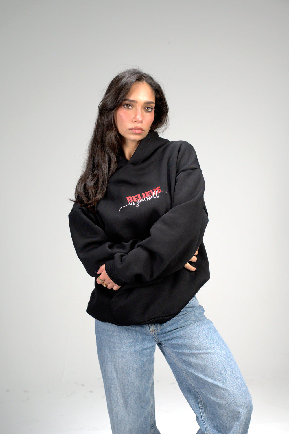 Black “Believe in Yourself” Embroidered Oversized Hoodie