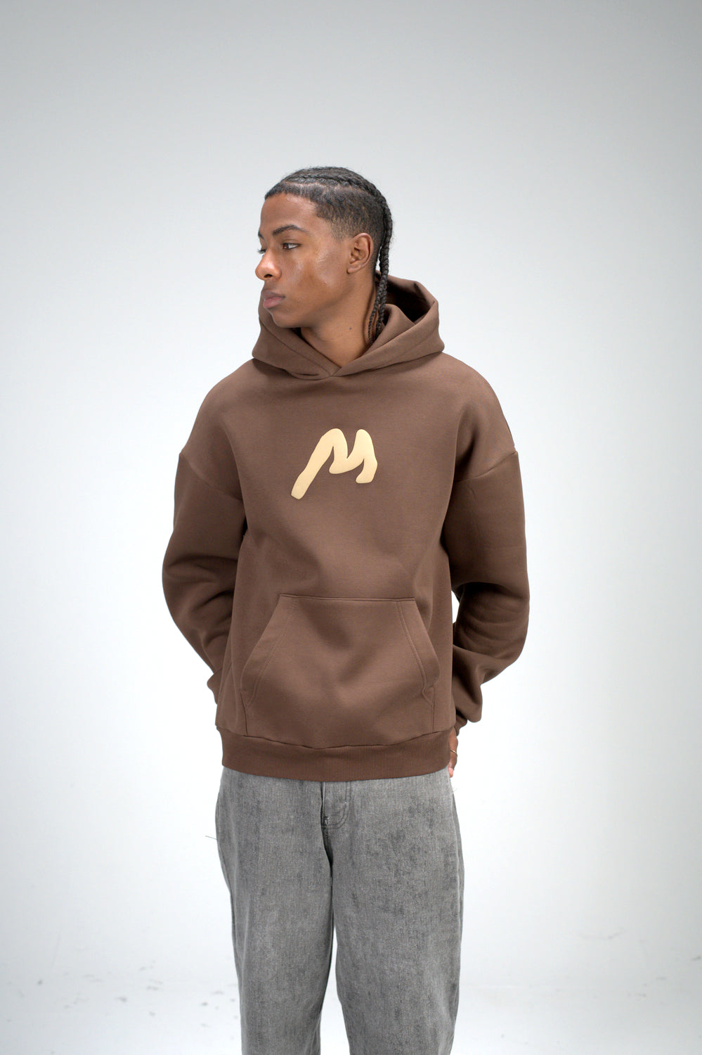 Brown “M” Puff Printed Oversized Hoodie