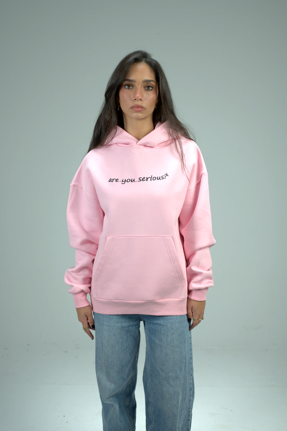 Pink “Are You Serious?” Printed Oversized Hoodie