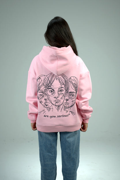 Pink “Are You Serious?” Printed Oversized Hoodie
