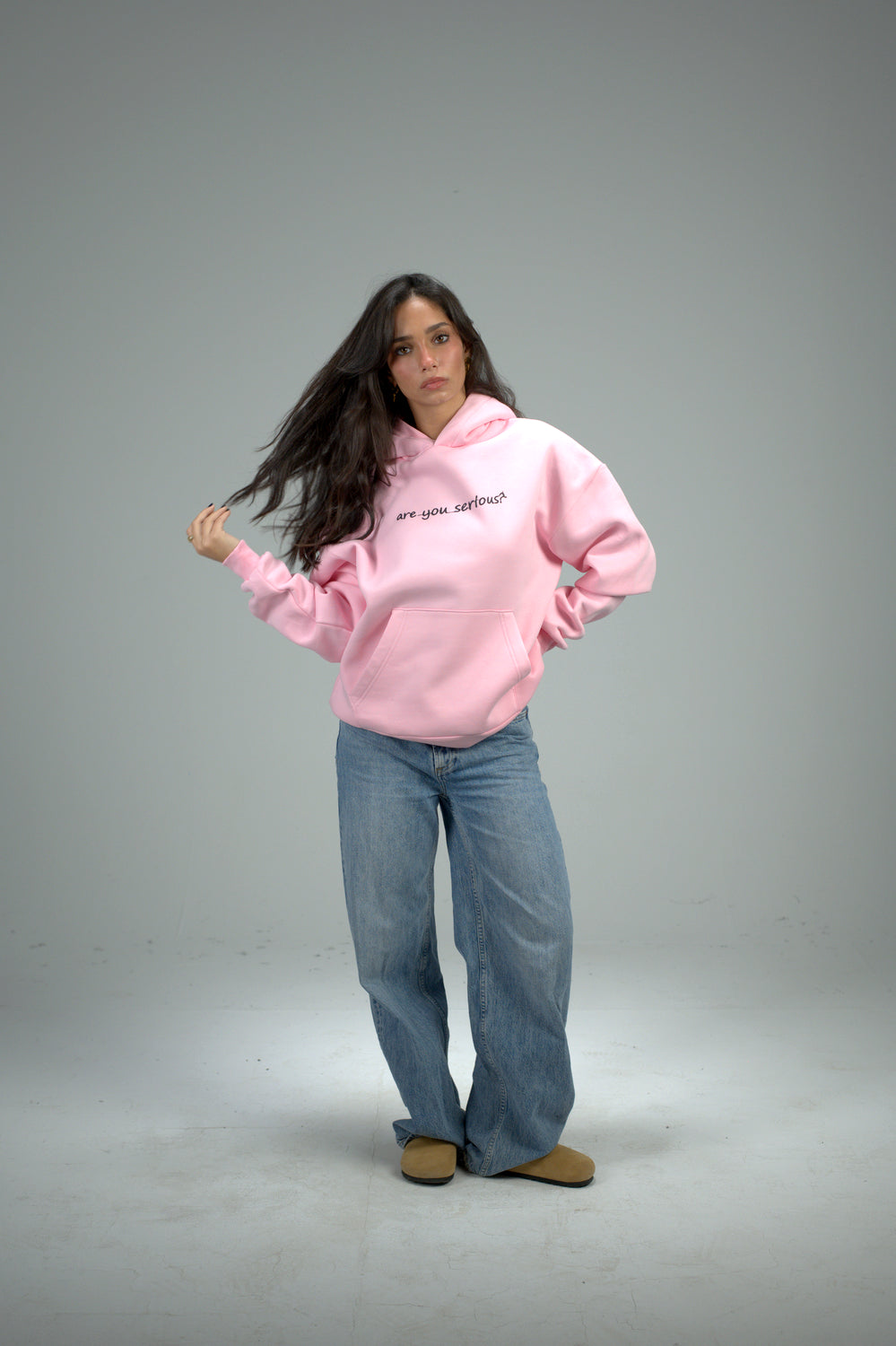 Pink “Are You Serious?” Printed Oversized Hoodie