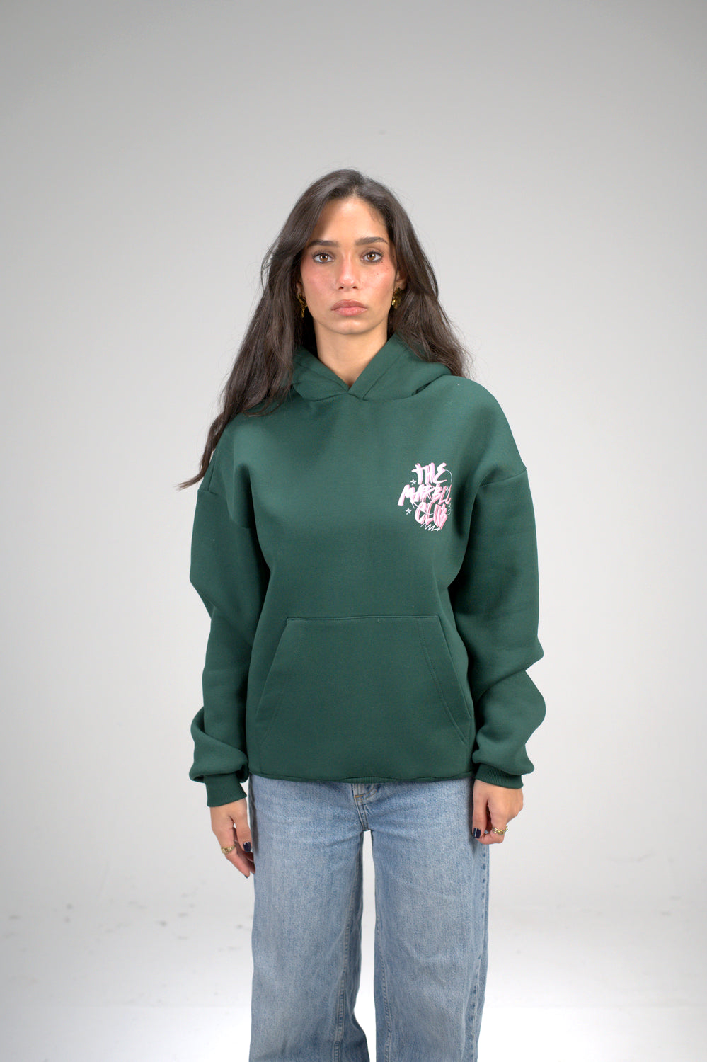 Dark Green “The Marble Club” Printed Oversized Hoodie
