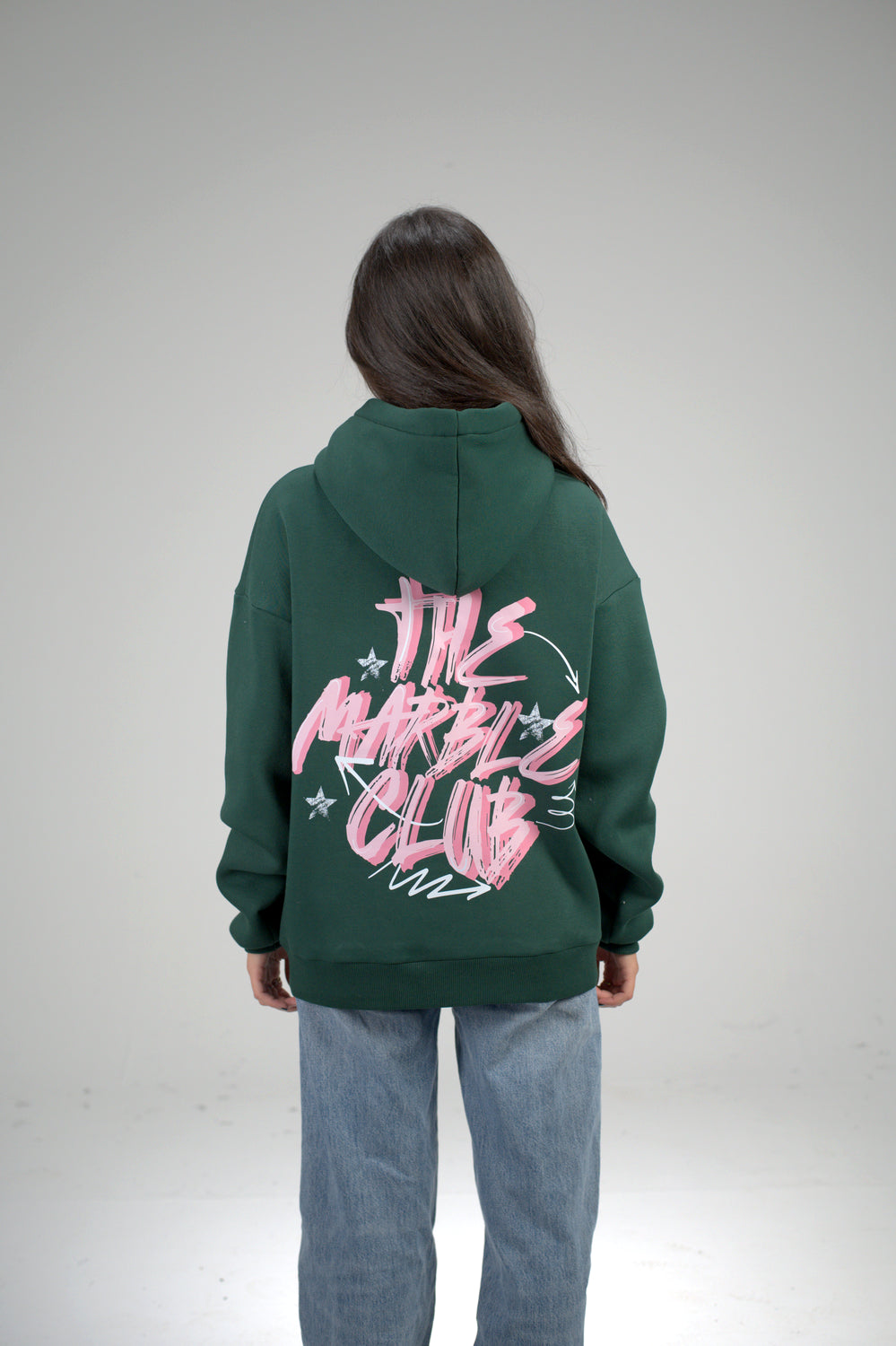 Dark Green “The Marble Club” Printed Oversized Hoodie