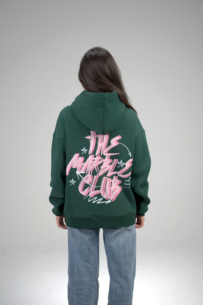 Dark Green “The Marble Club” Printed Oversized Hoodie