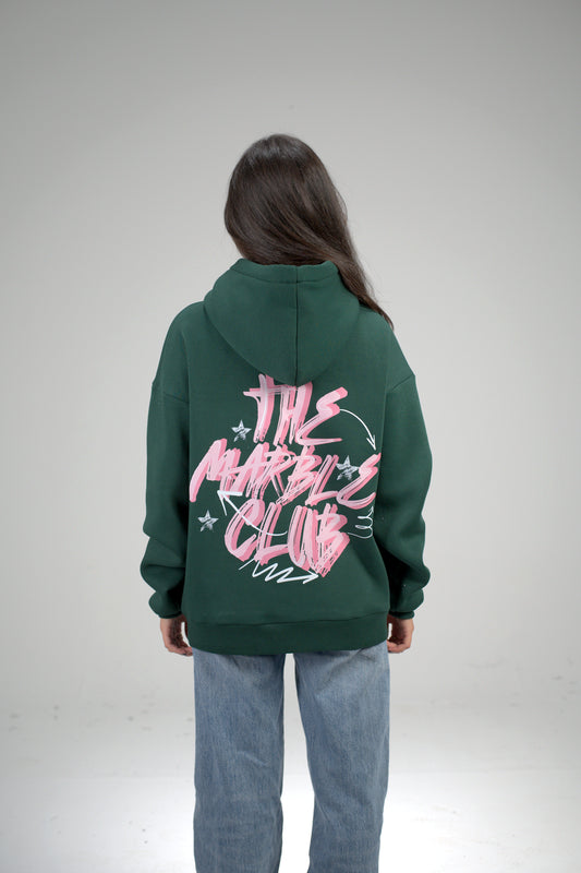 Dark Green “The Marble Club” Printed Oversized Hoodie