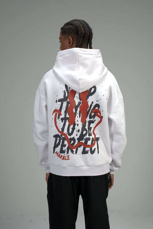 White “Stop Trying To Be Perfect” Printed Oversized Hoodie