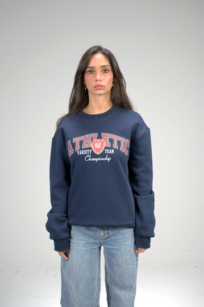 Dark Blue “ATHLETIC Varsity” Printed Oversized Sweatshirt
