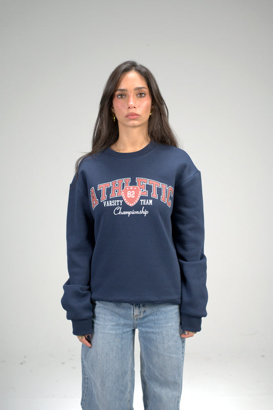 Dark Blue “ATHLETIC Varsity” Printed Oversized Sweatshirt