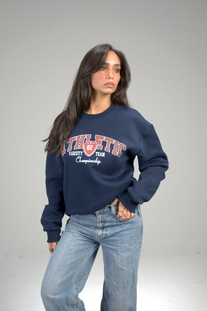 Dark Blue “ATHLETIC Varsity” Printed Oversized Sweatshirt