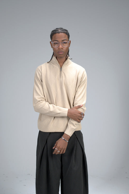 Beige Zip Knit Sweater – Textured Pattern