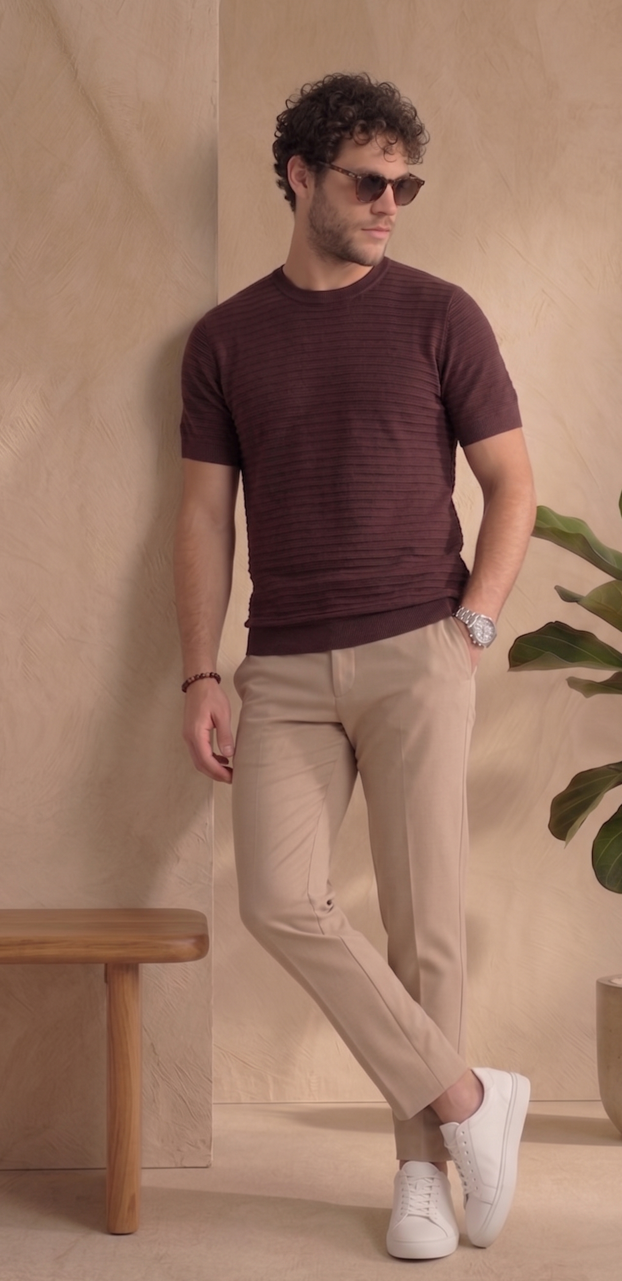 Horizontal Texture Knit T-Shirt - Burgundy