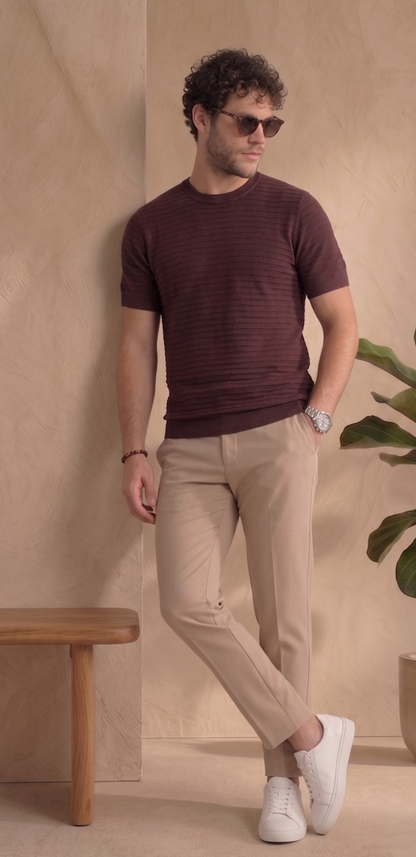 Horizontal Texture Knit T-Shirt - Burgundy