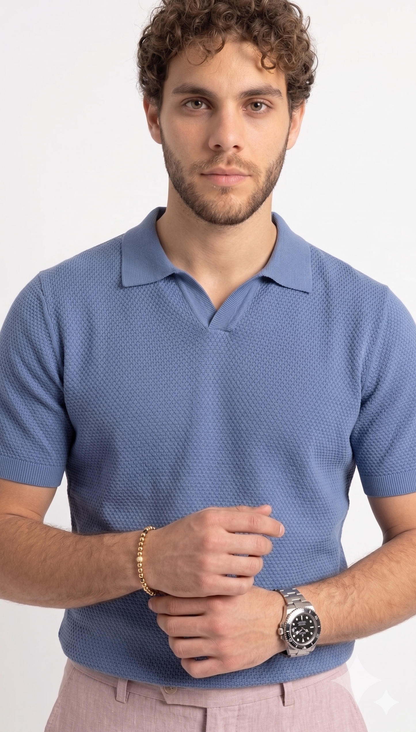 Textured Open Collar Polo - Dusty Blue